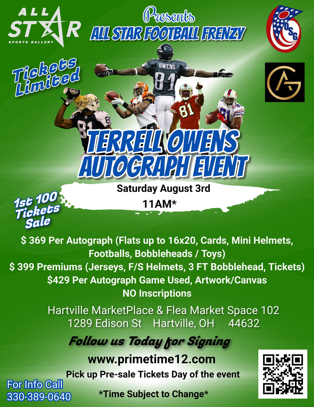 Terrell Owens Pre-Sale ticket for autograph signing on Jersey, Full-Size Helmet, 3 Foot Bobblehead, or Ticket
