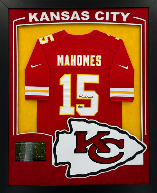 Kansas City Chiefs Patrick Mahomes Hand Signed Autographed Authentic Red Jersey Framed & Double Suede Matted with LED Lights, Video Highlights and Big XL 3D Logo with Beckett COA