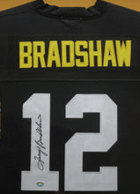 Load image into Gallery viewer, Pittsburgh Steelers Terry Bradshaw Hand Signed Autographed Black Jersey Framed &amp; Matted with COA