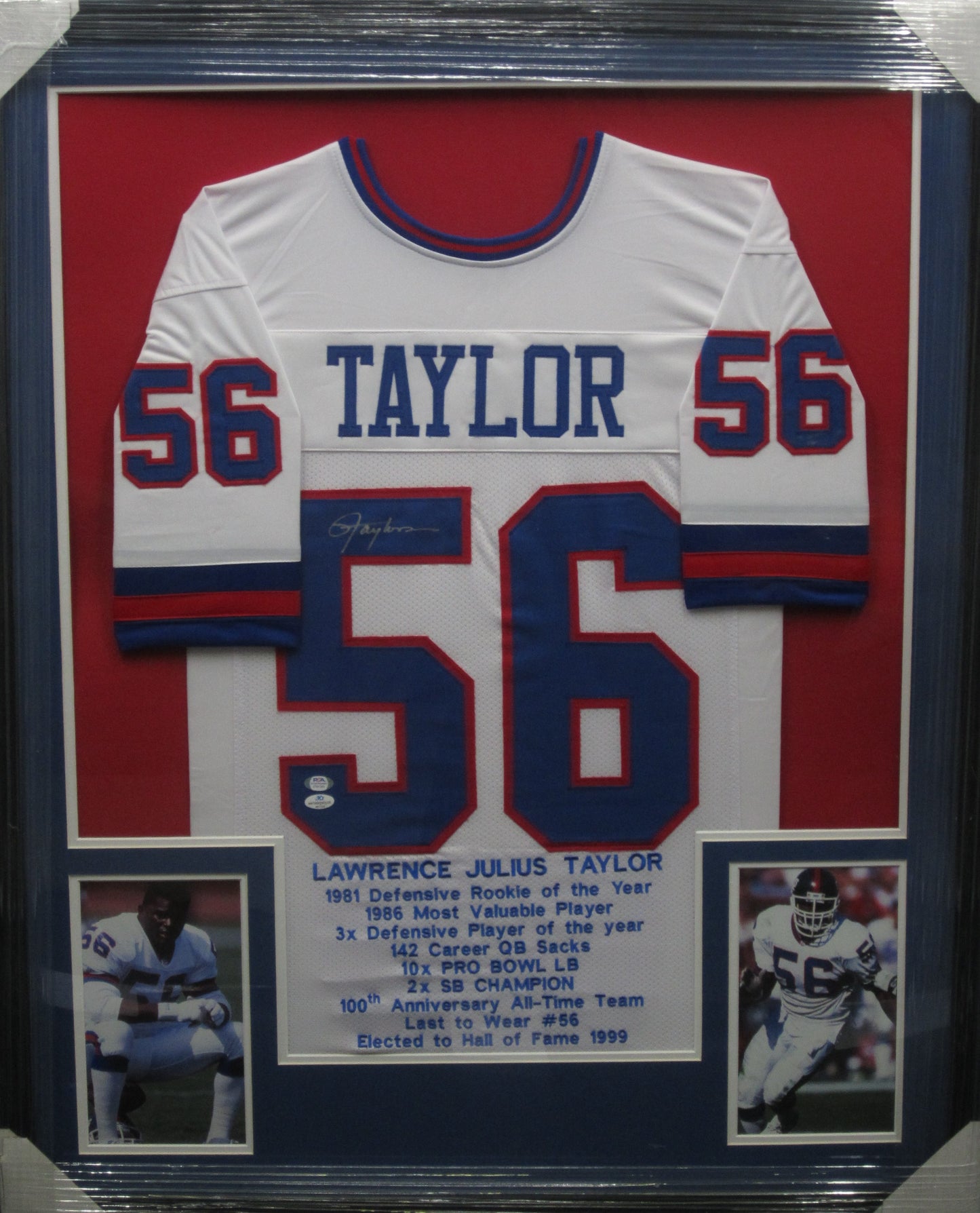 New York Giants Lawrence Taylor Hand Signed Autographed Career Achievements Custom White Stat Jersey Framed & Matted with JSA COA