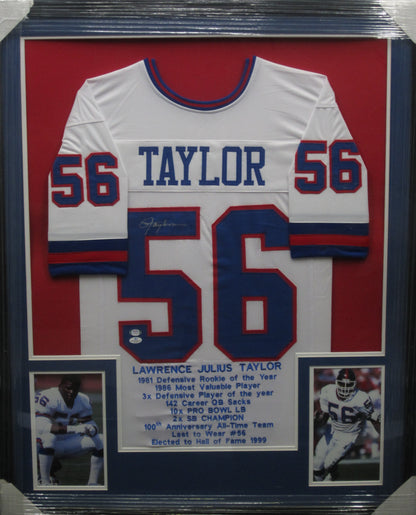 New York Giants Lawrence Taylor Hand Signed Autographed Career Achievements Custom White Stat Jersey Framed & Matted with JSA COA