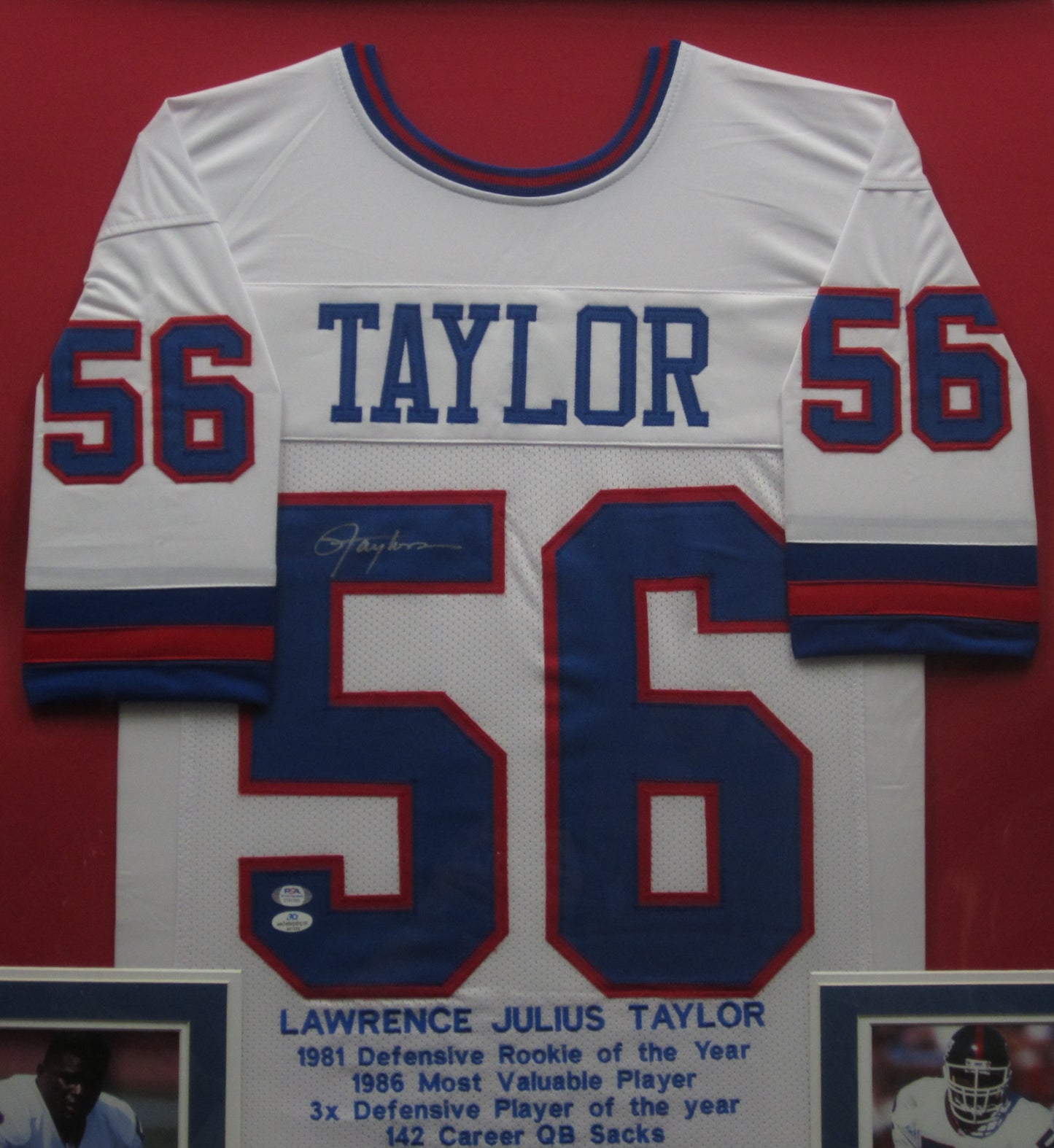 New York Giants Lawrence Taylor Hand Signed Autographed Career Achievements Custom White Stat Jersey Framed & Matted with JSA COA