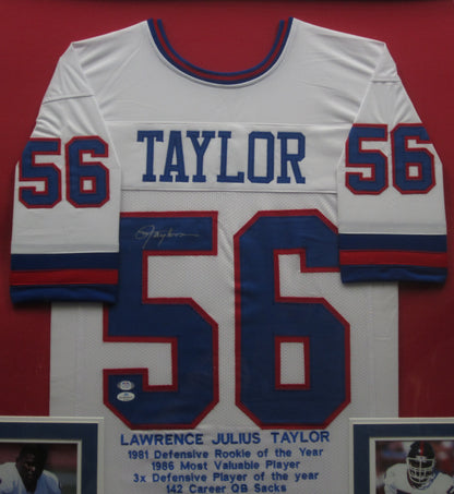 New York Giants Lawrence Taylor Hand Signed Autographed Career Achievements Custom White Stat Jersey Framed & Matted with JSA COA