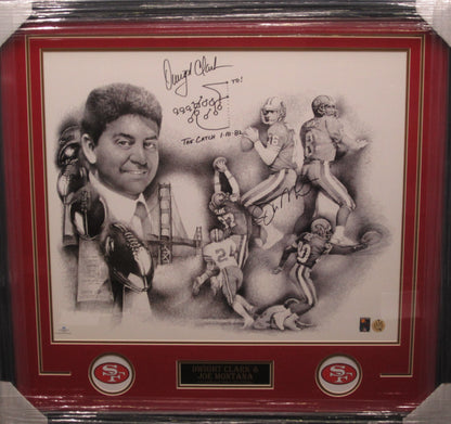 San Francisco 49ers Joe Montana & Dwight Clark Dual Hand Signed Autographed Framed & Matted Lithograph with Hand Drawn Play, TD!, & THE CATCH 1.10.82 Inscriptions with COA