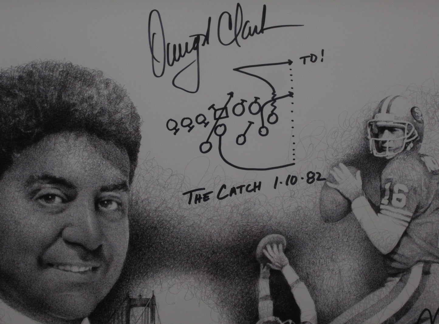 San Francisco 49ers Joe Montana & Dwight Clark Dual Hand Signed Autographed Framed & Matted Lithograph with Hand Drawn Play, TD!, & THE CATCH 1.10.82 Inscriptions with COA