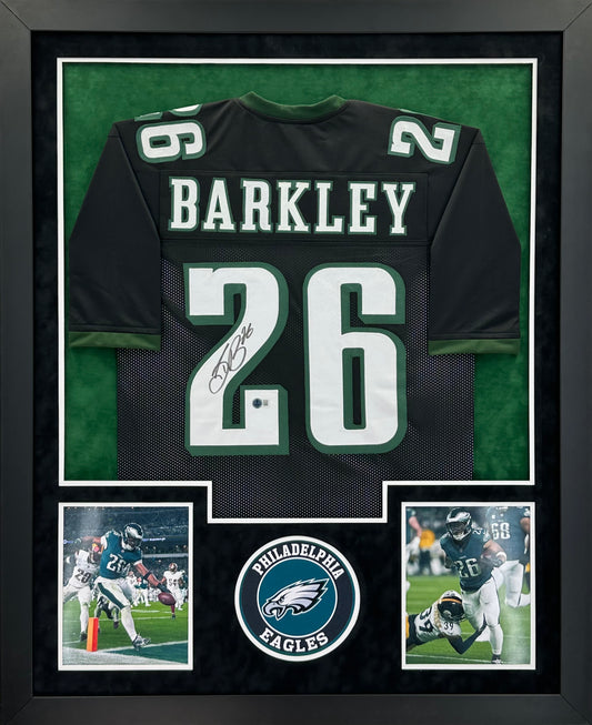 Philadelphia Eagles Saquon Barkley Hand Signed Autographed Custom Black Jersey Framed & Matted with Beckett COA