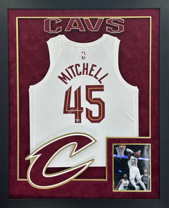 Cleveland Cavaliers Donovan Mitchell Hand Signed Autographed Authentic White Jersey Framed and Matted with XL 3D Logo & Team Name Cutout with Fanatics COA