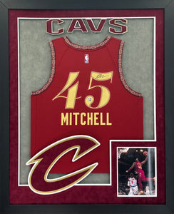 Cleveland Cavaliers Donovan Mitchell Hand Signed Autographed Authentic Red Jersey Framed and Matted with XL 3D Logo & Team Name Cutout with Fanatics COA