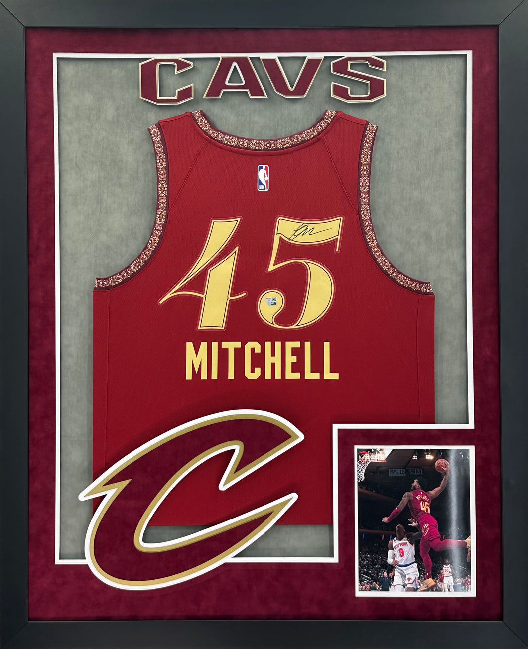 Cleveland Cavaliers Donovan Mitchell Hand Signed Autographed Authentic Red Jersey Framed and Matted with XL 3D Logo & Team Name Cutout with Fanatics COA