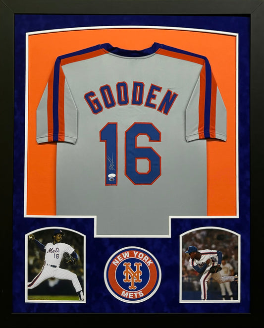 New York Mets Dwight Gooden Hand Signed Autographed Custom Gray Jersey Framed & Suede Matted with JSA COA