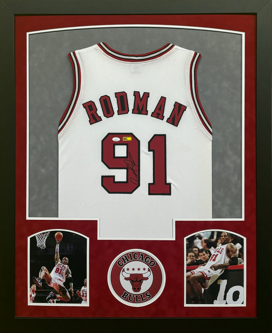 Chicago Bulls Dennis Rodman Signed Custom White Jersey Framed & Suede Matted with JSA COA
