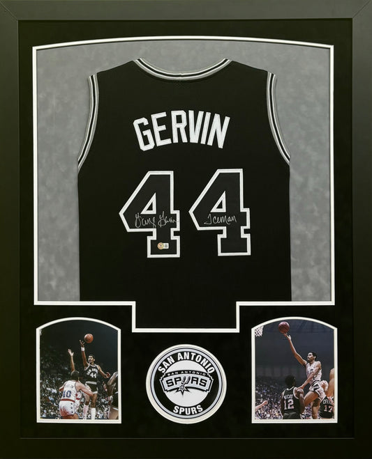 San Antonio Spurs George Gervin Hand Signed Autographed Custom Black Jersey with Iceman Inscription Framed & Suede Matted with BECKETT COA