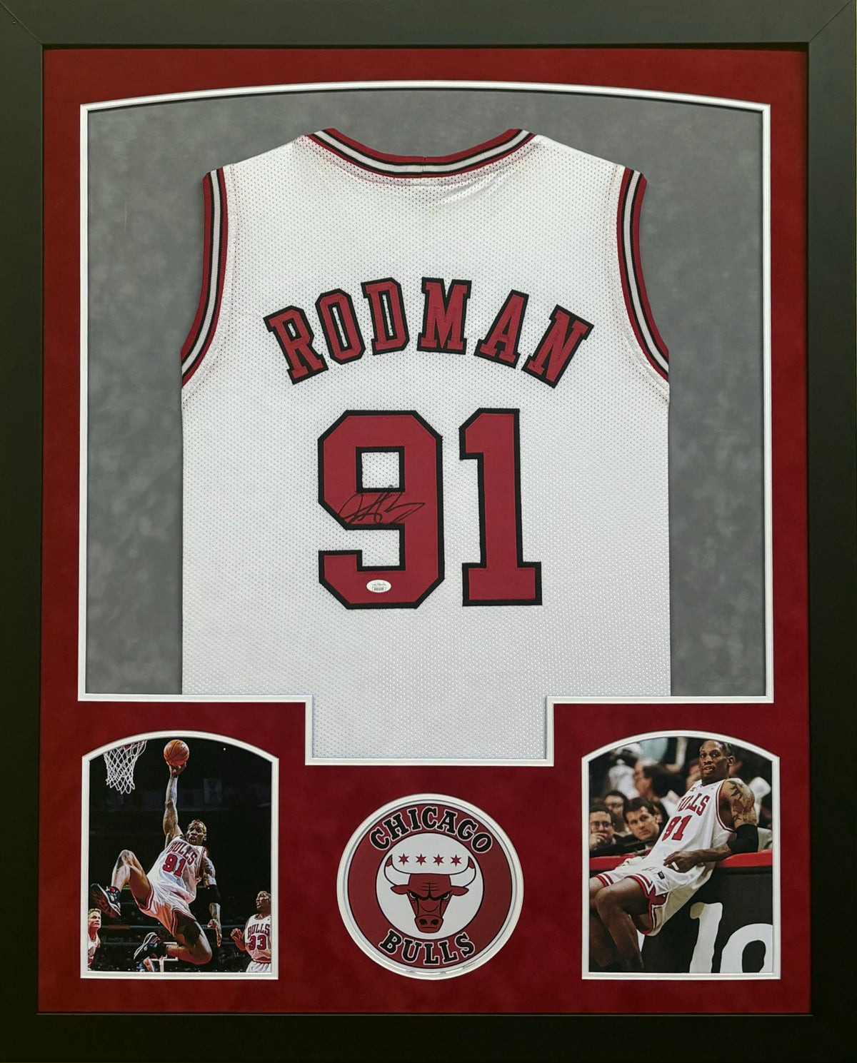 Chicago Bulls Dennis Rodman Hand Signed Autographed Custom White Jersey Framed & Suede Matted with JSA COA