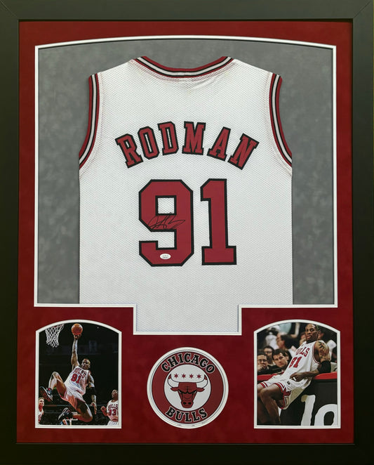 Chicago Bulls Dennis Rodman Hand Signed Autographed Custom White Jersey Framed & Suede Matted with JSA COA