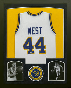 West Virginia Mountaineers Jerry West Signed Custom White Jersey Framed & Suede Matted with JSA COA