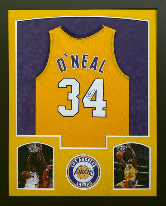 Los Angeles Lakers Shaquille O'Neal Hand Signed Autographed Custom Yellow Jersey Framed & Suede Matted with JSA COA