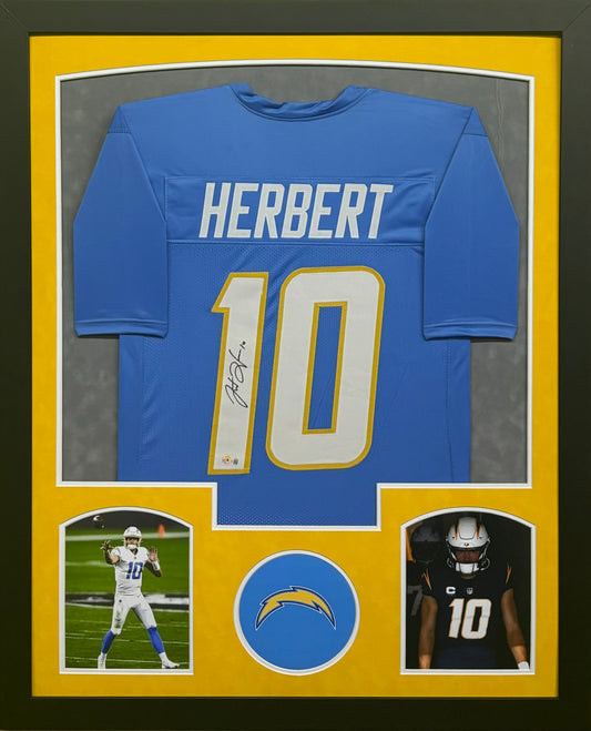 Los Angeles Chargers Justin Herbert Hand Signed Autographed Custom Blue Jersey Framed & Suede Matted with BECKETT COA