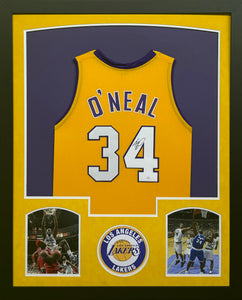 Los Angeles Lakers Shaquille O'Neal Signed Custom Yellow Jersey Framed & Suede Matted with JSA COA