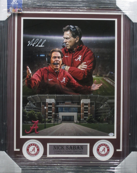 Alabama Crimson Tide Coach Nick Saban Hand Signed Autographed 16x20 Photo Collage Framed & Matted with PSA COA