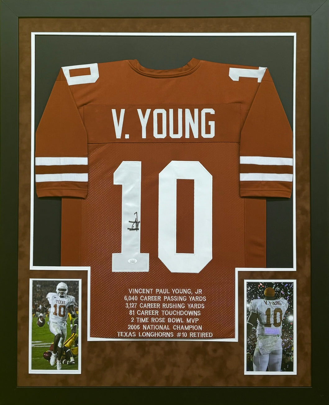 University of Texas Longhorns Vince Young Signed Custom College Career Achievements Stat Jersey Framed & Suede Matted with JSA COA