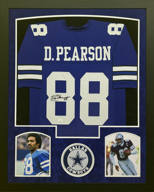 Dallas Cowboys Drew Pearson Hand Signed Autographed Custom Blue Jersey Framed & Suede Matted with JSA COA