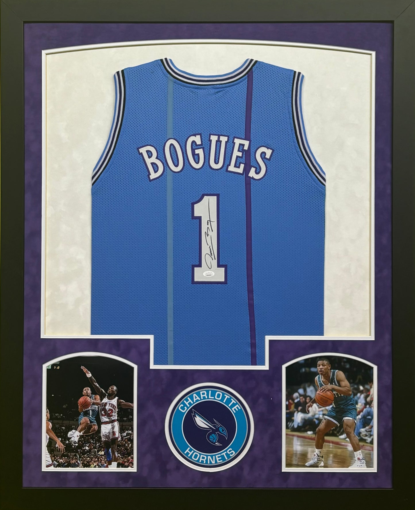 Charlotte Hornets Tyrone "Muggsy" Bogues Hand Signed Autographed Custom Blue Jersey Framed & Suede Matted with JSA COA