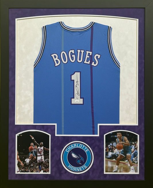 Charlotte Hornets Tyrone "Muggsy" Bogues Hand Signed Autographed Custom Blue Jersey Framed & Suede Matted with JSA COA