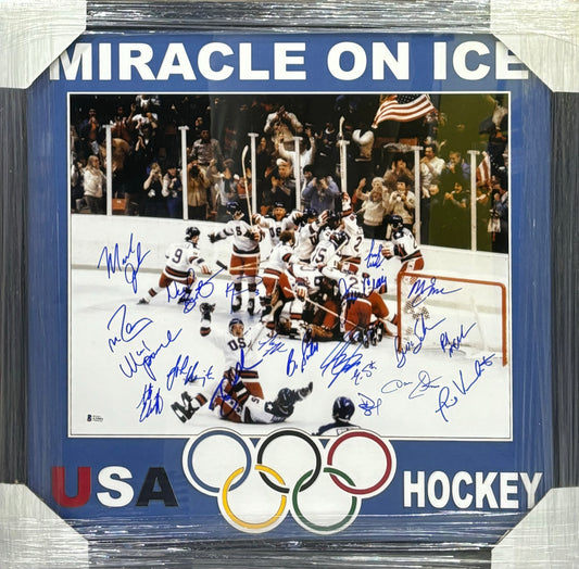 Miracle on Ice Team USA Hand Signed Autographed 16x20 Photo Framed & Custom Cutout Matted with BECKETT COA
