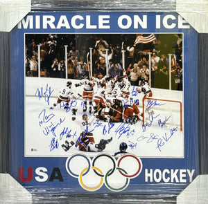 Miracle on Ice Team USA Signed 16x20 Photo Framed & Custom Cutout Matted with BECKETT COA