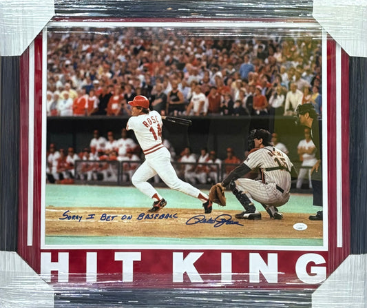 Cincinnati Reds Pete Rose Hand Signed Autographed 16x20 Photo with Sorry I Bet On Baseball Inscription Custom Framed & Cutout Suede Matted with JSA COA