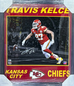 Kansas City Chiefs Travis Kelce Signed 16x20 Photo Framed & Cutout Suede Matted with 3D Logo & BECKETT COA