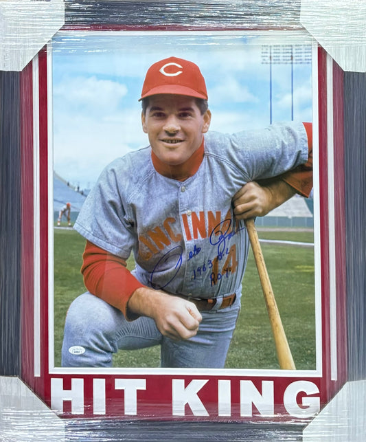 Cincinnati Reds Pete Rose Hand Signed Autographed 16x20 Photo with 1963 N.L. R.O.Y Inscription Custom Framed & Cutout Suede Matted with JSA COA