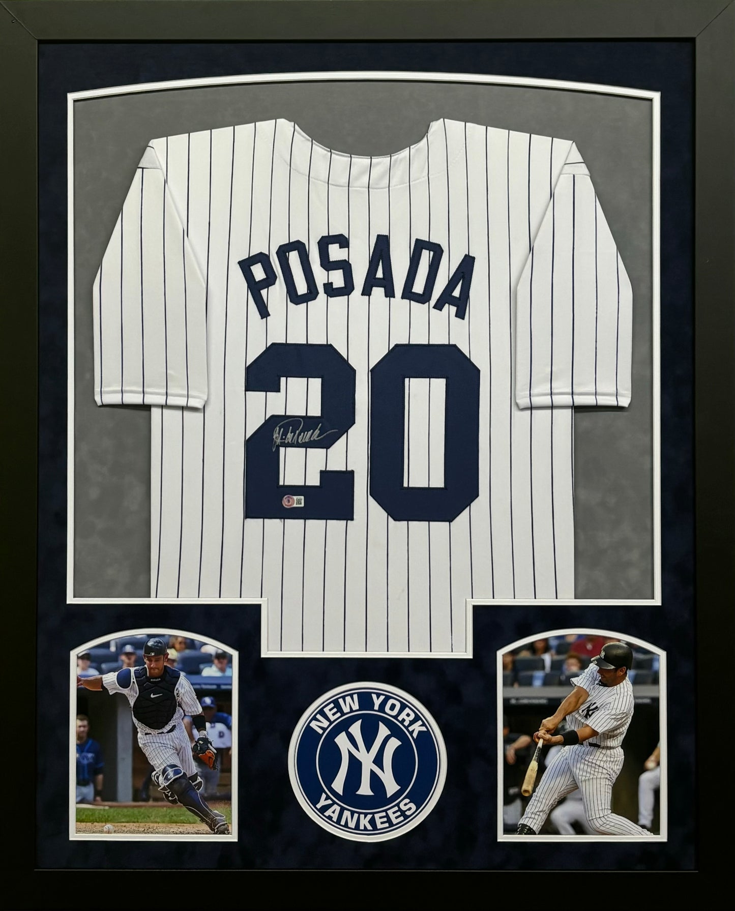 New York Yankees Jorge Posada Hand Signed Autographed Custom Pinstripe Jersey Framed & Suede Matted with BECKETT COA