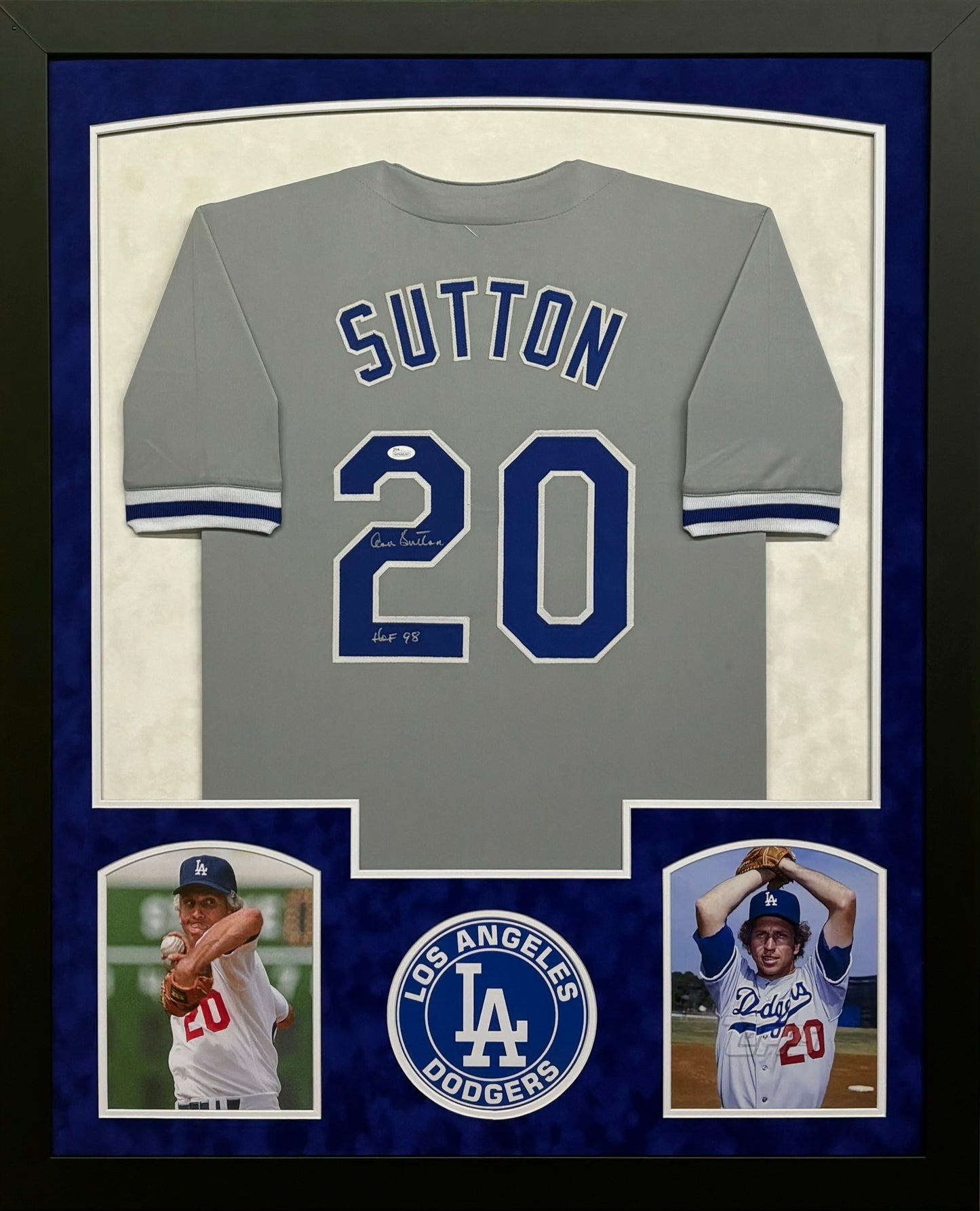 Los Angeles Dodgers Don Sutton Hand Signed Autographed Custom Gray Jersey with HOF 98 Inscription Framed & Suede Matted with JSA COA