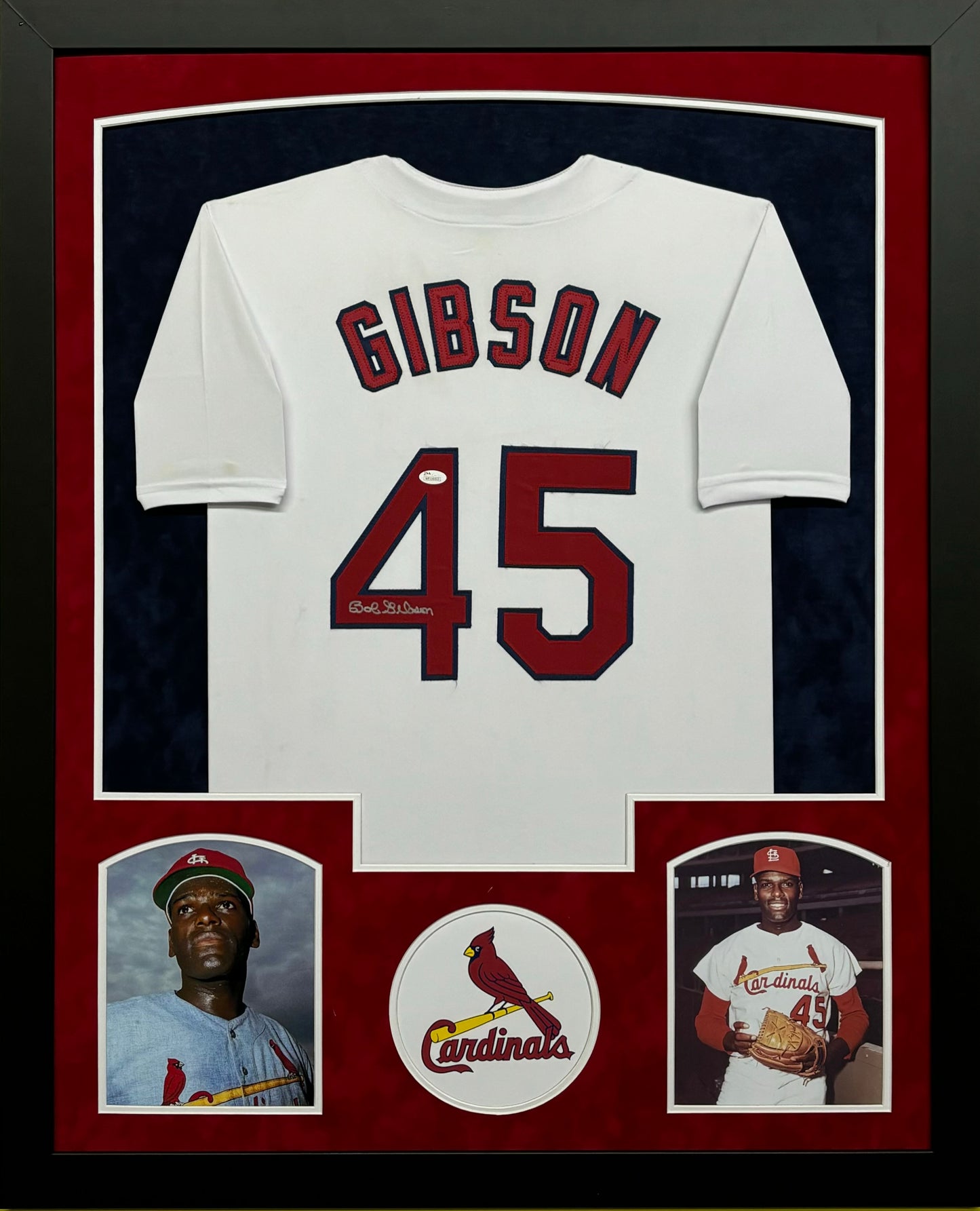 St. Louis Cardinals Bob Gibson Hand Signed Autographed Custom White Jersey Framed & Suede Matted with JSA COA