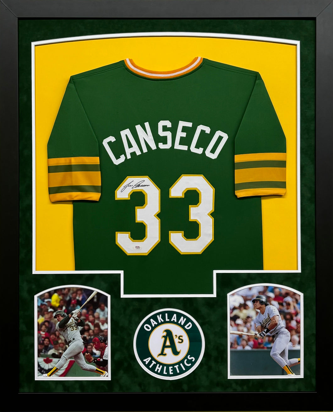 Oakland Athletics Jose Canseco Hand Signed Autographed Custom Green Jersey Framed & Suede Matted with PSA COA