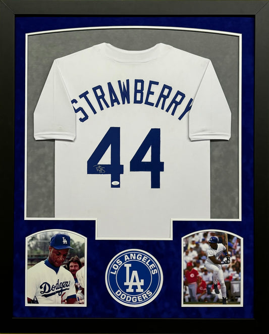 Los Angeles Dodgers Darryl Strawberry Hand Signed Autographed Custom White Jersey Framed & Suede Matted with JSA COA