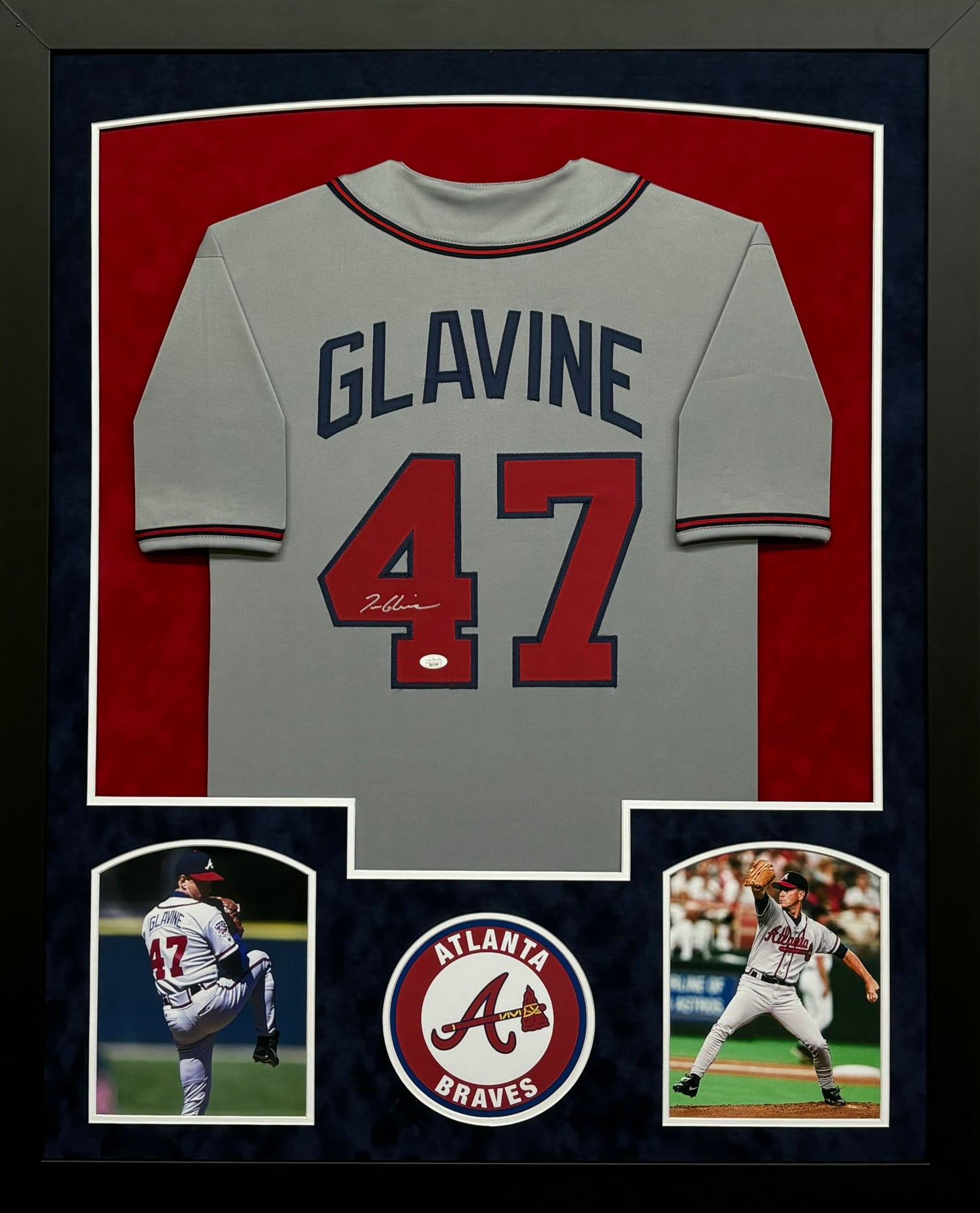 Atlanta Braves Tom Glavine Hand Signed Autographed Custom Gray Jersey Framed & Suede Matted with JSA COA