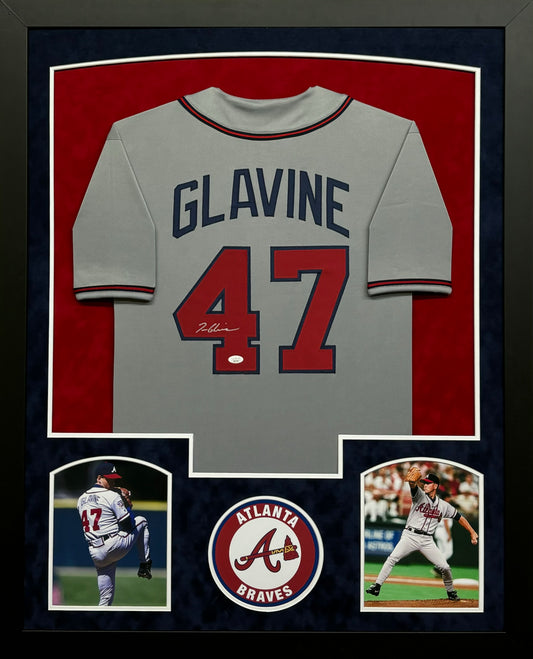 Atlanta Braves Tom Glavine Hand Signed Autographed Custom Gray Jersey Framed & Suede Matted with JSA COA