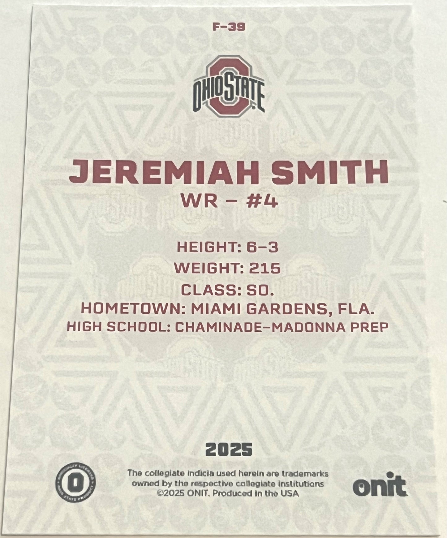 Pre-Sale Jeremiah Smith Hand Signed Autographed 2025 ONIT Athlete Ohio State Buckeyes White Fusion Card F-39