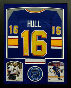 St. Louis Blues Brett Hull Signed Custom Blue Jersey Framed & Suede Matted with PSA COA
