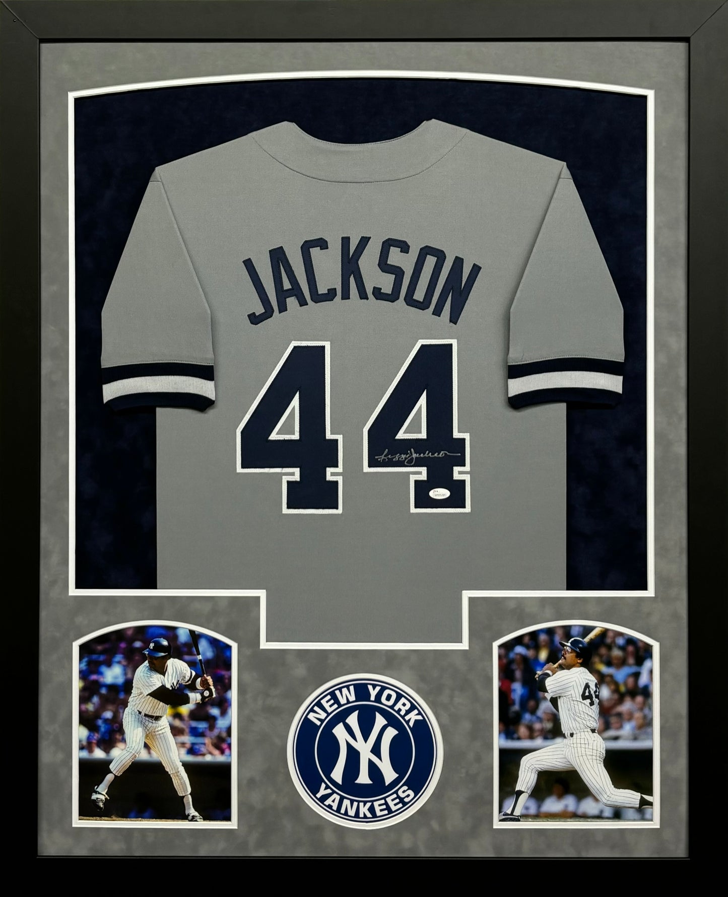 New York Yankees Reggie Jackson Hand Signed Autographed Custom Gray Jersey Framed & Suede Matted with JSA COA