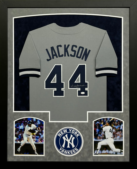 New York Yankees Reggie Jackson Hand Signed Autographed Custom Gray Jersey Framed & Suede Matted with JSA COA
