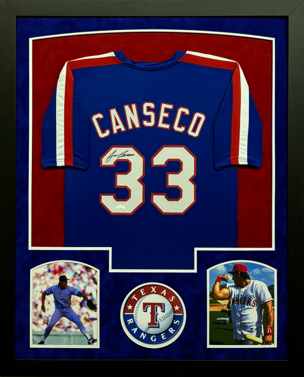 Texas Rangers Jose Canseco Hand Signed Autographed Custom Blue Jersey Framed & Suede Matted with JSA COA