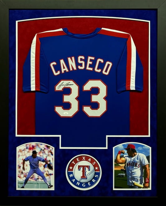 Texas Rangers Jose Canseco Hand Signed Autographed Custom Blue Jersey Framed & Suede Matted with JSA COA