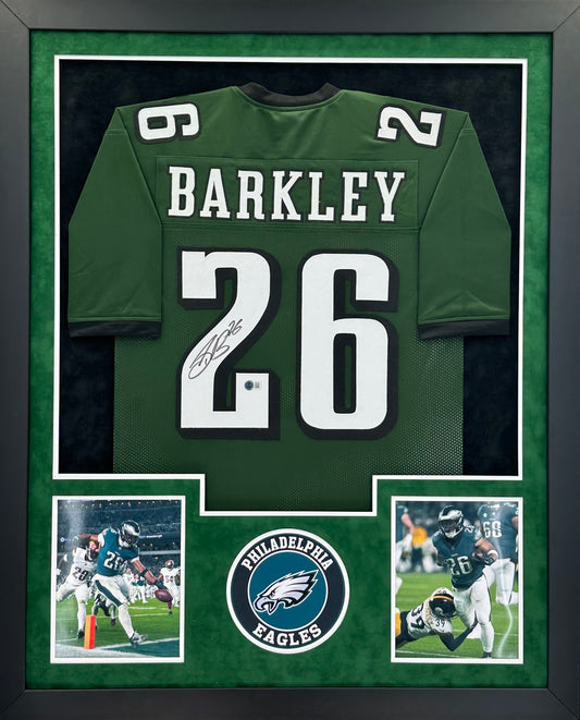 Philadelphia Eagles Saquon Barkley Hand Signed Autographed Custom Green Jersey Framed & Matted with Beckett COA