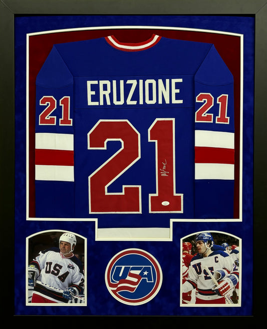 Team USA Mike Eruzione Hand Signed Autographed Custom Blue Jersey Framed & Suede Matted with JSA COA