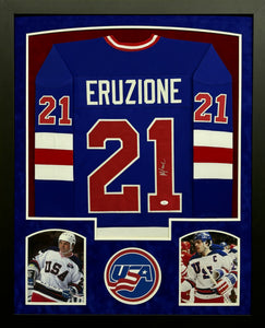 Team USA Mike Eruzione Signed Custom Blue Jersey Framed & Suede Matted with JSA COA
