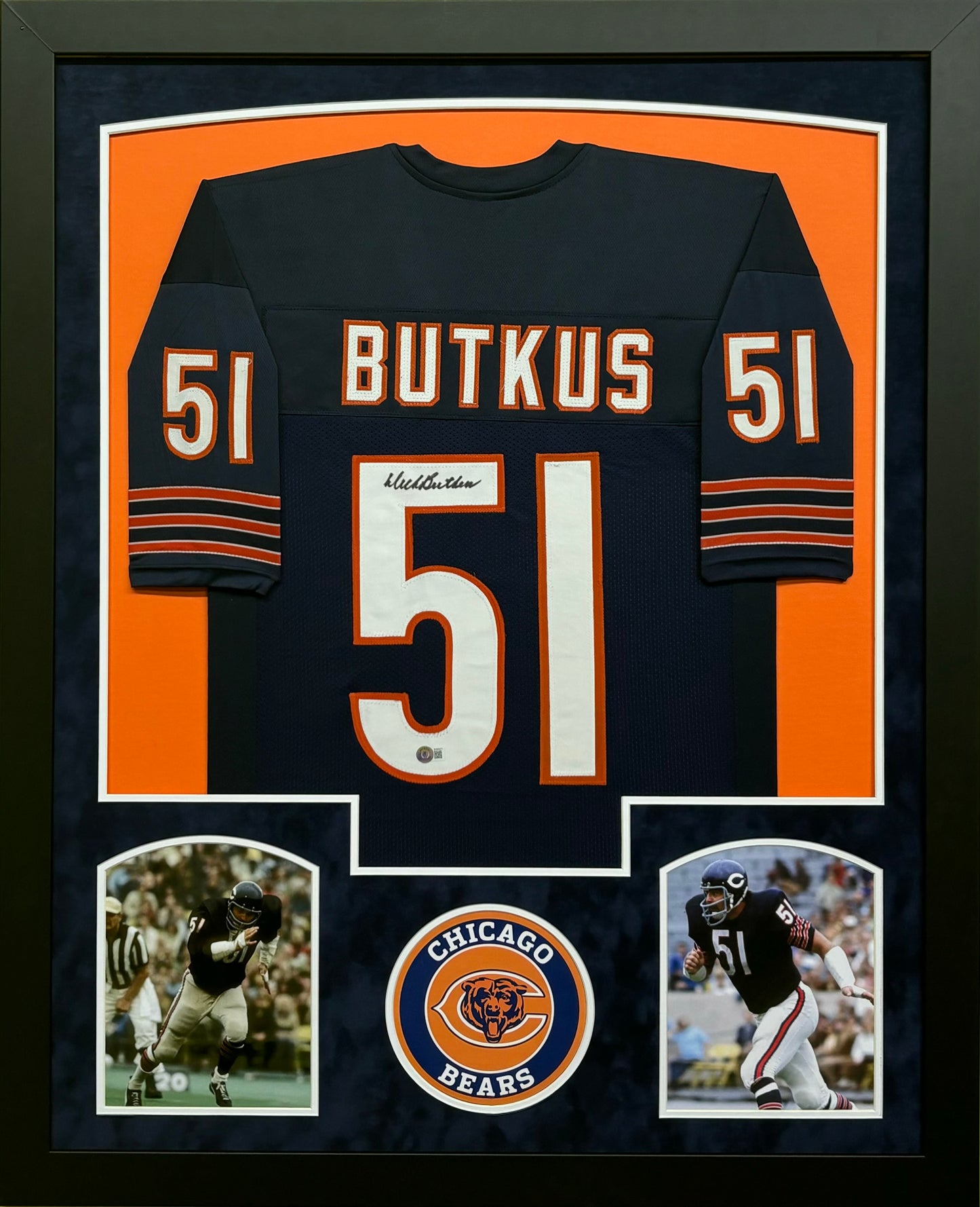 Chicago Bears Dick Butkus Hand Signed Autographed Custom Blue Jersey Framed & Suede Matted with BECKETT COA