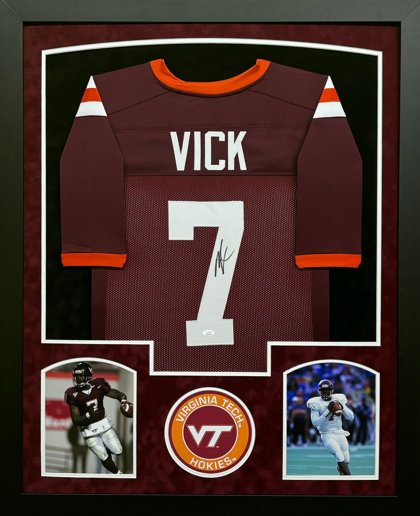 Virginia Tech Hokies Michael Vick Hand Signed Autographed Custom Red Jersey Framed & Suede Matted with JSA COA